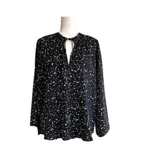 Bishop + Young Top Blouse Black White Speckled Print 3/4 Sleeve Tie Neck XS NEW